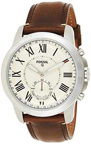 Fossil Q Men's Grant Stainless Steel and Leather Hybrid Smartwatch, Color: Silver-Tone, Brown (Model: FTW1118)