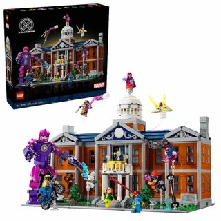 Lego Marvel The X-Mansion with its box on a white background