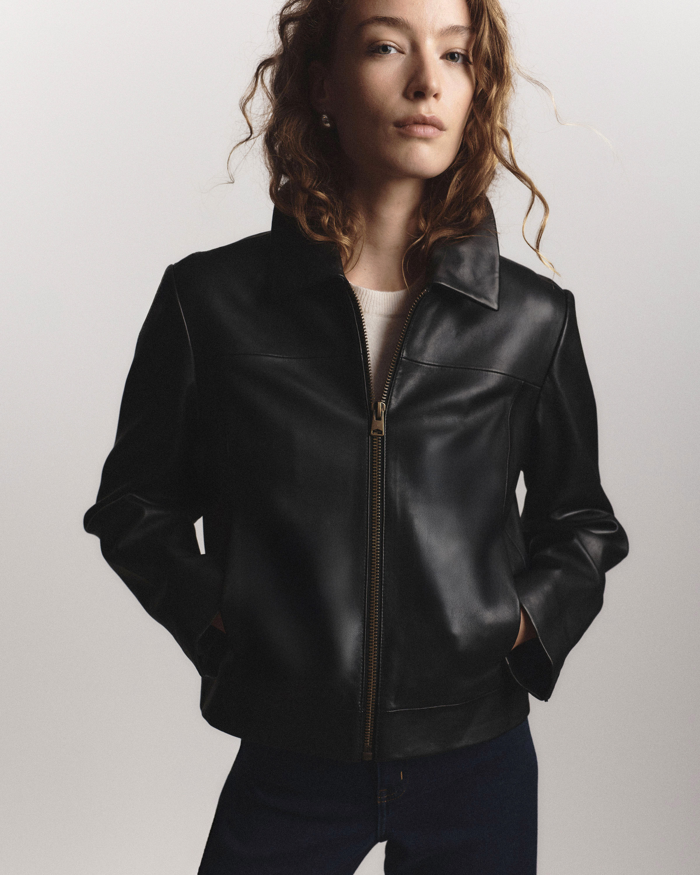 100% Leather Cropped Zip-Front Jacket in True Black