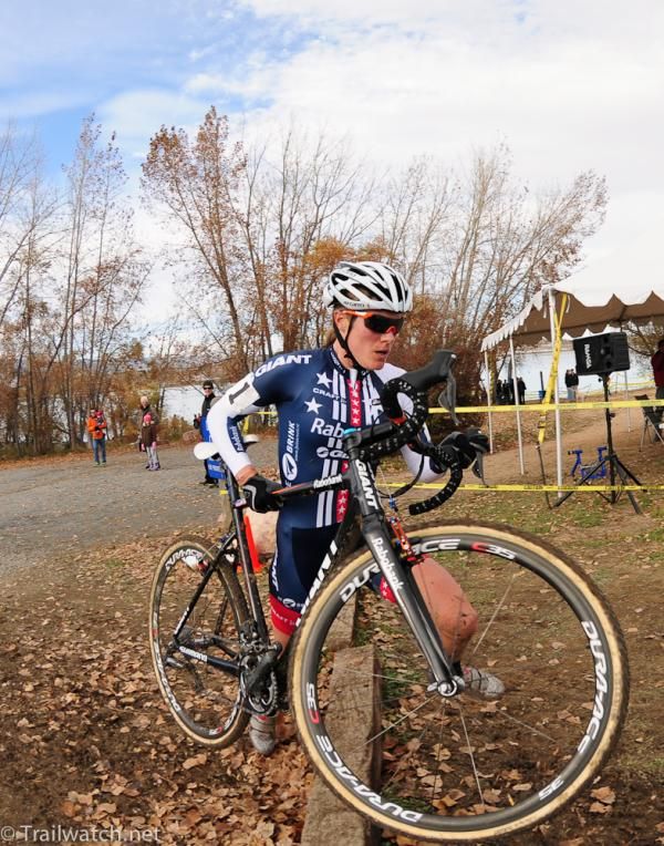 Katie Compton (Rabobank-Giant) running over a set of perpendicular railroad ties