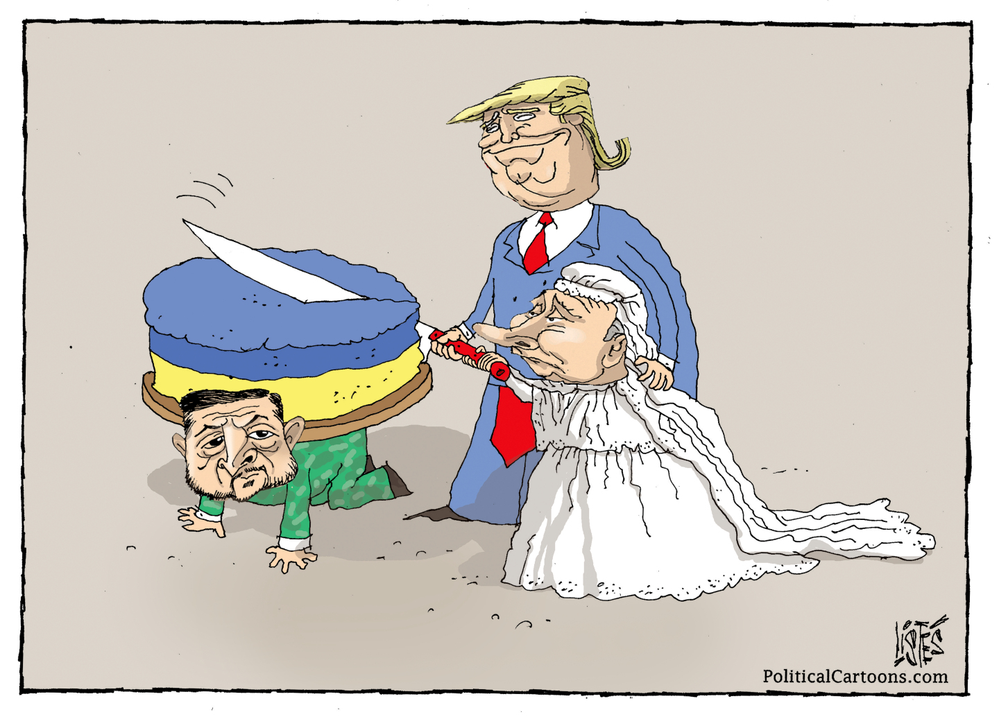 This cartoon shows Vladimir Putin in a wedding dress and Donald Trump in a suit. They are cutting a cake together that is colored like Ukraine’s flag and is on the back of a kneeling Volodymyr Zelenskyy.