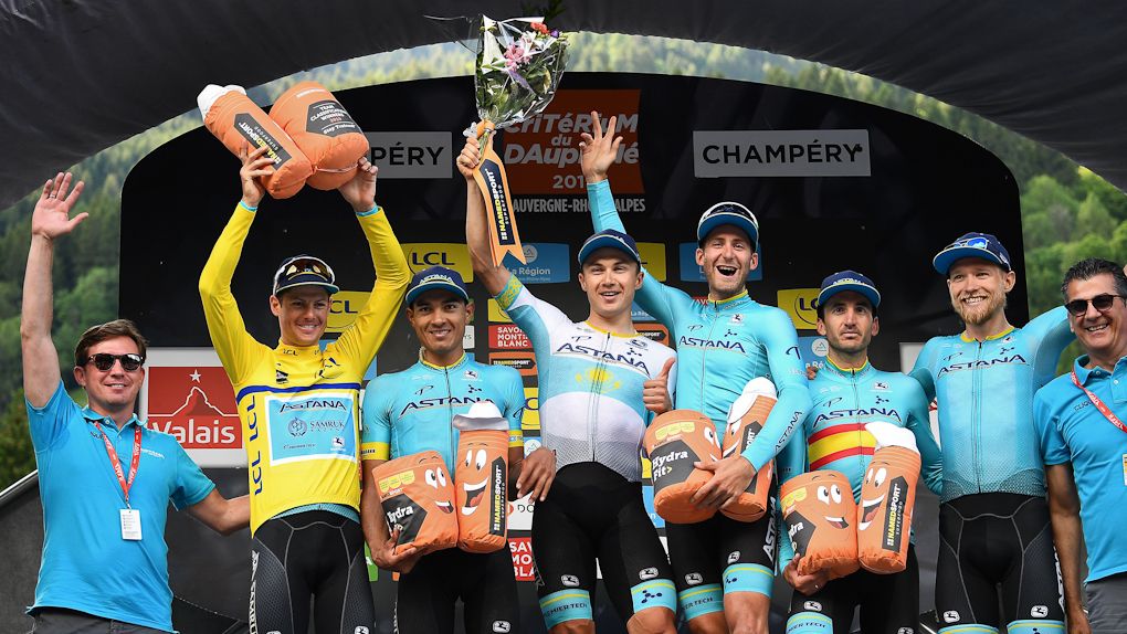 Astana celebrate Jakob Figlsang's overall win at Dauphine