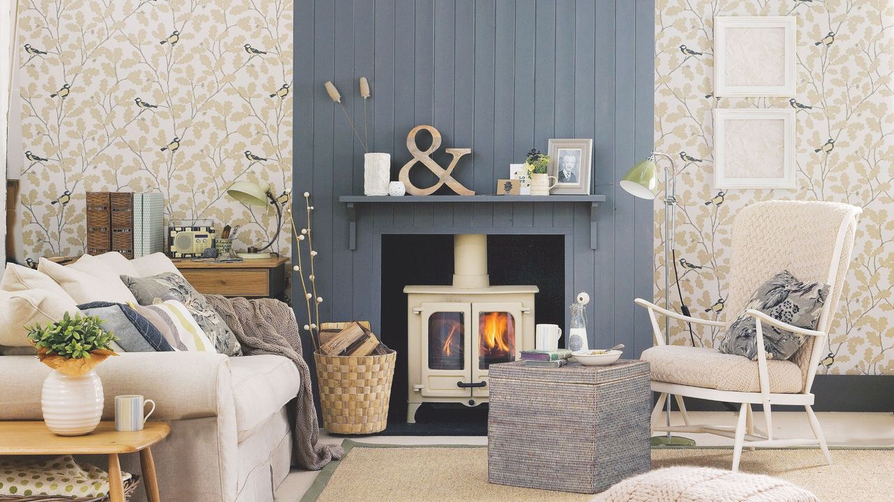 Cottage-style living room with a log burner in the middle and lots of soft furnishings around it