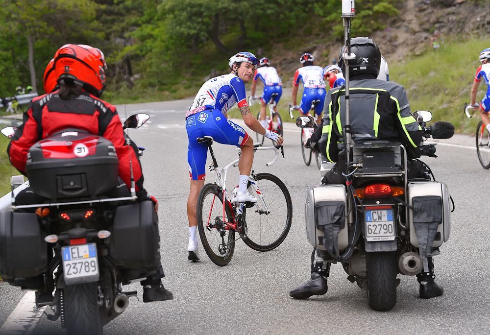 Anthony Roux turns to wait for Thibaut Pinot during stage 20 at the Giro d'Italia