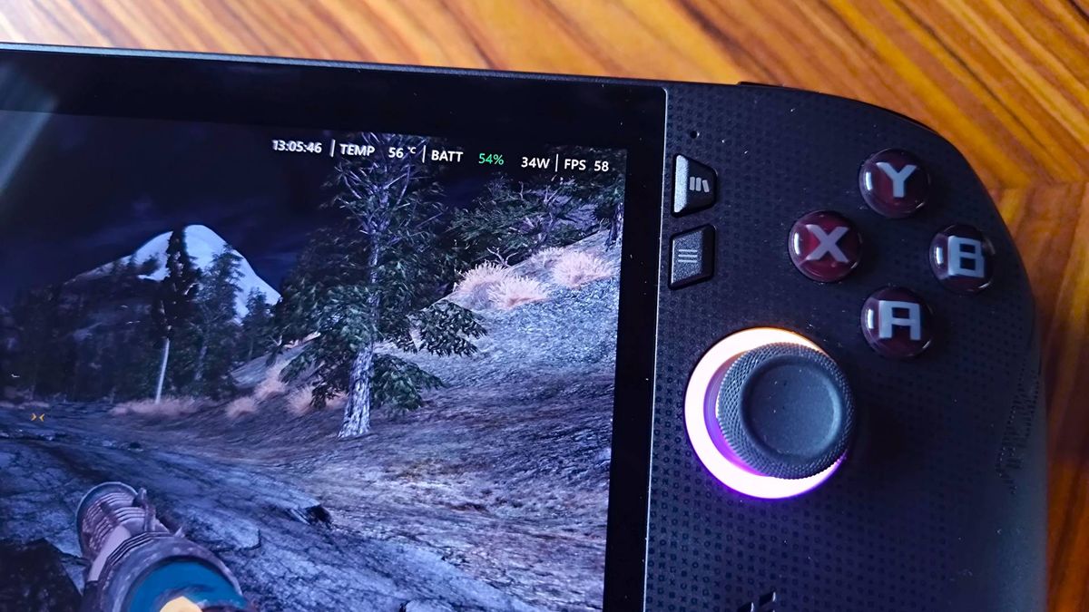 Close up of ROG Xbox Ally X face buttons and Fallout New Vegas on screen with FPS counter in corner that reads "FPS 58".