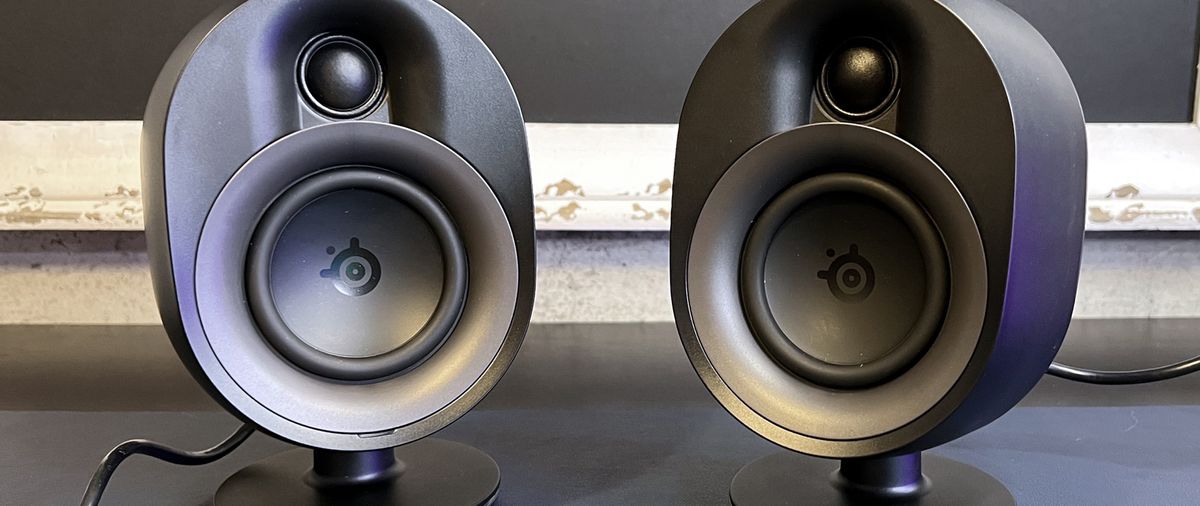 Front view of SteelSeries Arena 9 satellite speakers.