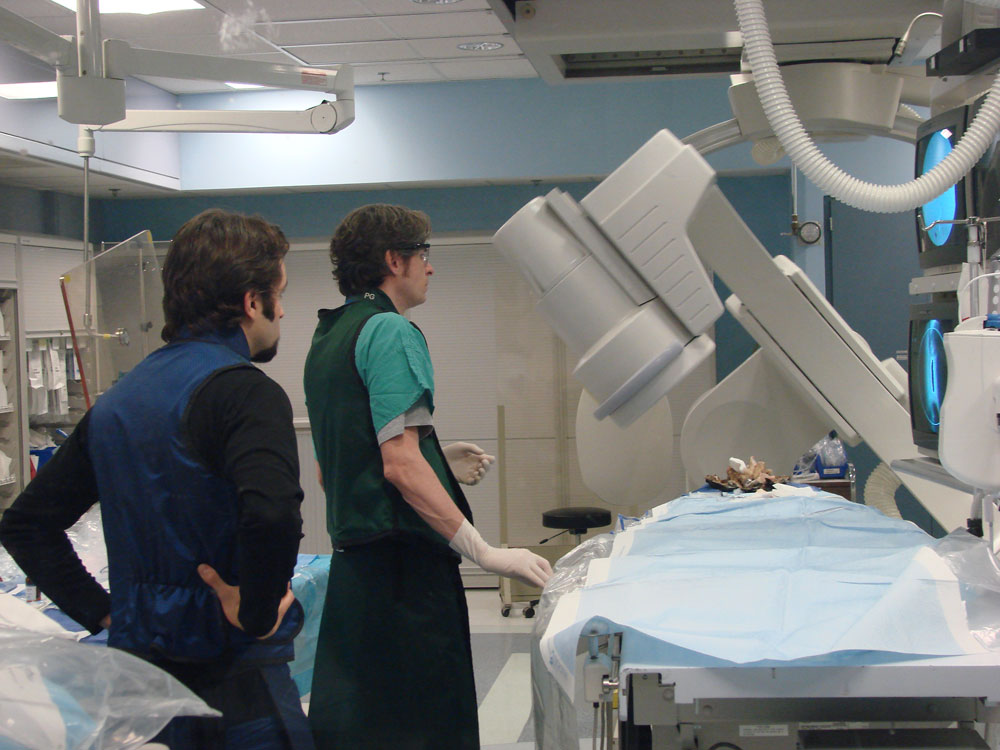 Fabian de Kok-Mercado (left) and Dr. Philippe Gailloud give a CT scan to a dead owl to learn how its blood vessels withstand the rapid, up-to-270-degree turns their heads make.