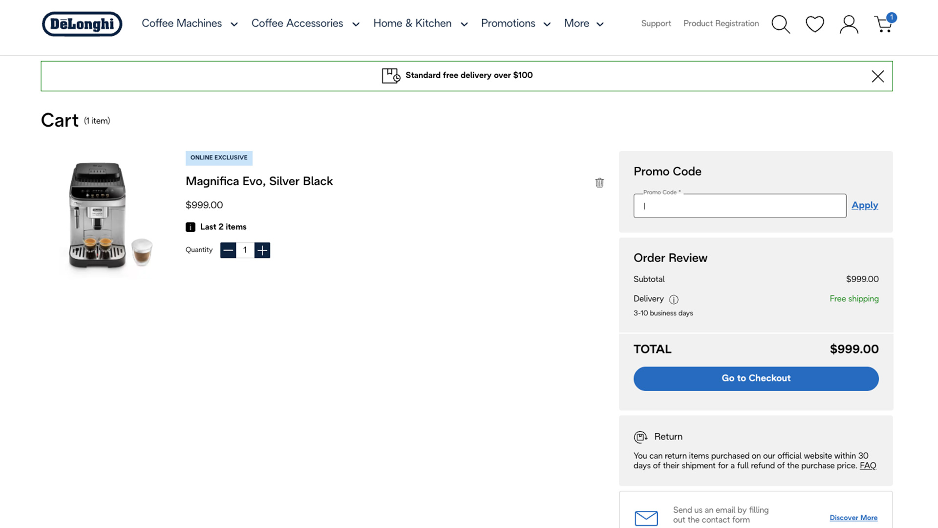 De'Longhi cart with promo code section