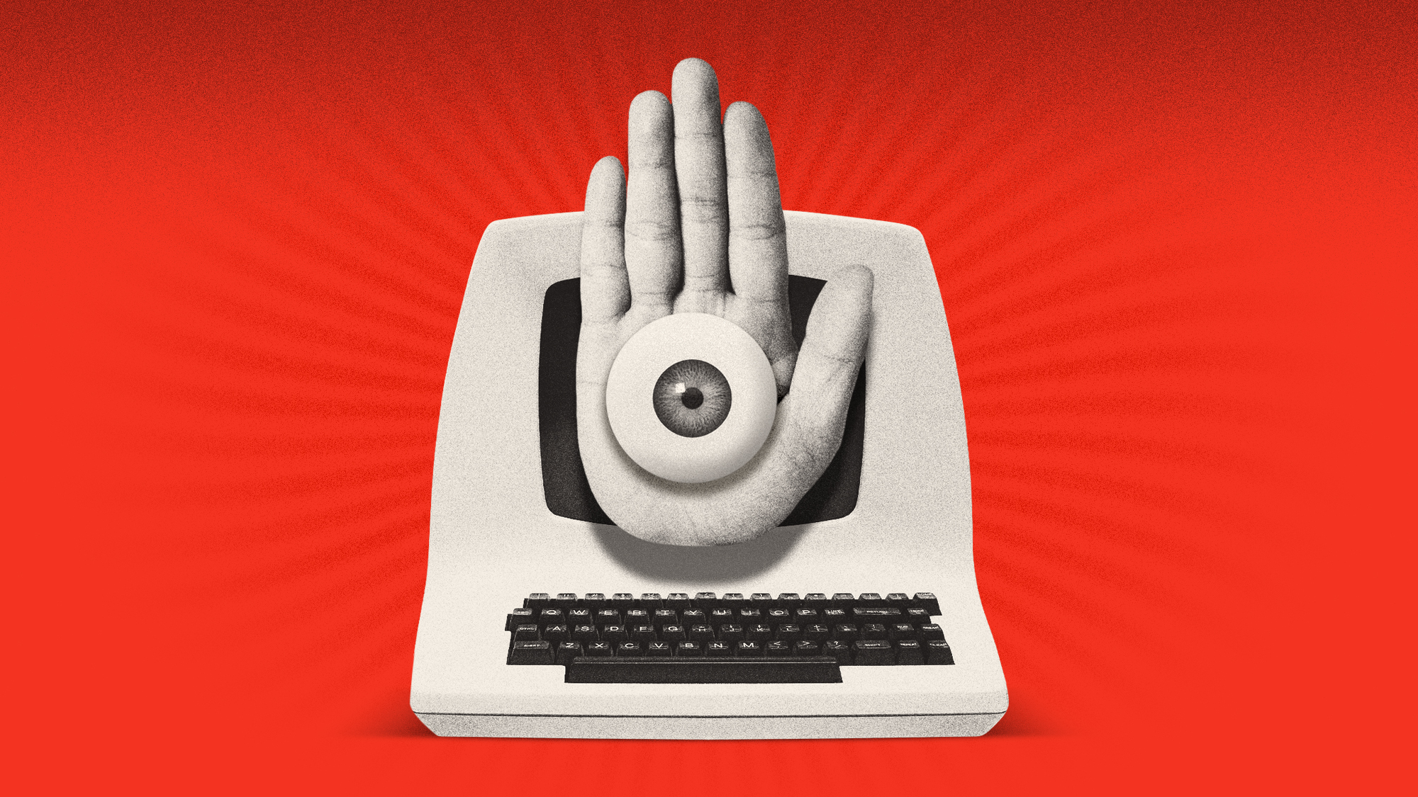 Illustration of a hand raised in a stop gesture in front of a computer