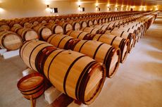 Barrels of wine ageing at Ch&acirc;teau Mouton Rothschild in Bordeaux.