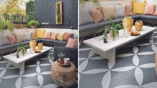 outdoor living room idea with decorative flooring