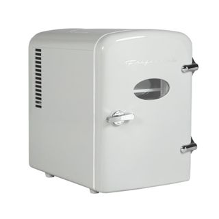 A white rectangular retro mini fridge