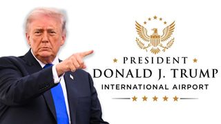 Donald Trump pointing at the new President Donald J. Trump International Airport logo