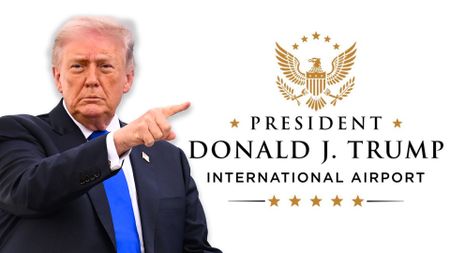 Donald Trump pointing at the new President Donald J. Trump International Airport logo