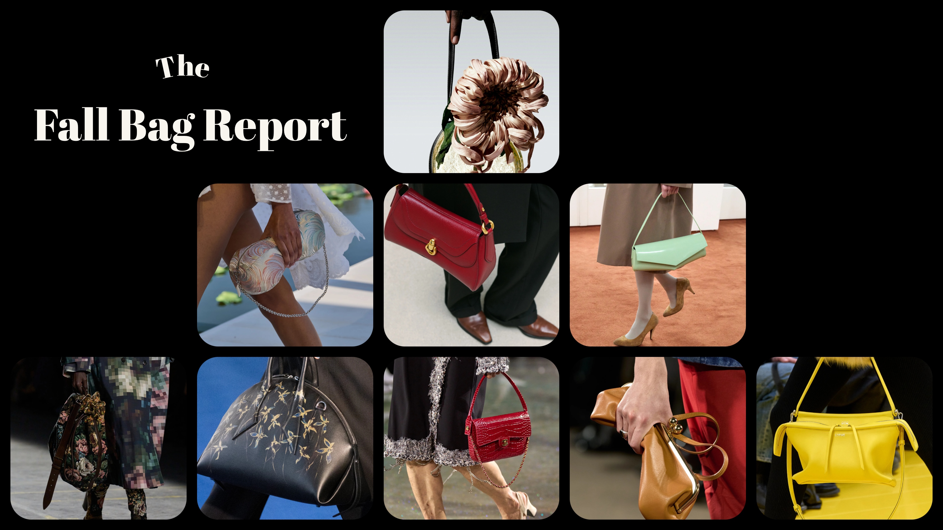 Collage of Fall 2026 handbag trends featuring top-handle bags, slim shoulder bags, rich burgundy styles, embellished details, and soft leather silhouettes.