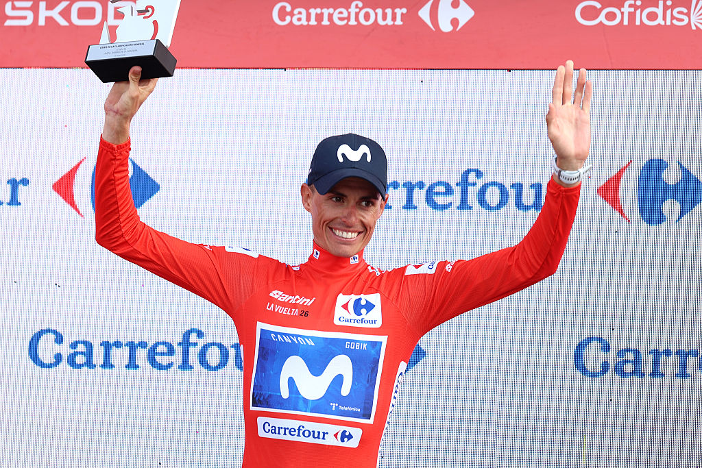 SIERRA DE LA PANDERA, SPAIN - SEPTEMBER 05: Enric Mas of Spain and Movistar Team celebrates at podium as Red Leader Jersey winner during the La Vuelta - 81st Tour of Spain 2026, Stage 14 a 154.5km stage from Jaen to Sierra de la Pandera 1816m / #UCIWT / on September 05, 2026 in Sierra de la Pandera, Spain. (Photo by Alexander Hassenstein/Getty Images)