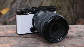 Panasonic Lumix S9 camera in white outside on a wooden bench in front of a tree