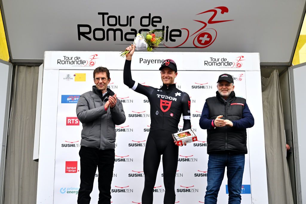 PAYERNE SWITZERLAND APRIL 23 Maikel Zijlaard of The Netherlands and Tudor Pro Cycling Team celebrates at podium as stage winner during the 77th Tour De Romandie 2024 Prologue a 228km individual time trial stage from Payerne to Payerne UCIWT on April 23 2024 in Payerne Switzerland Photo by Luc ClaessenGetty Images