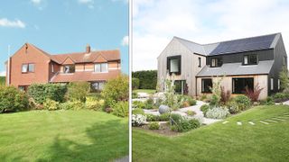 A before and after shot of a 1980s detached home that has been newly renovated