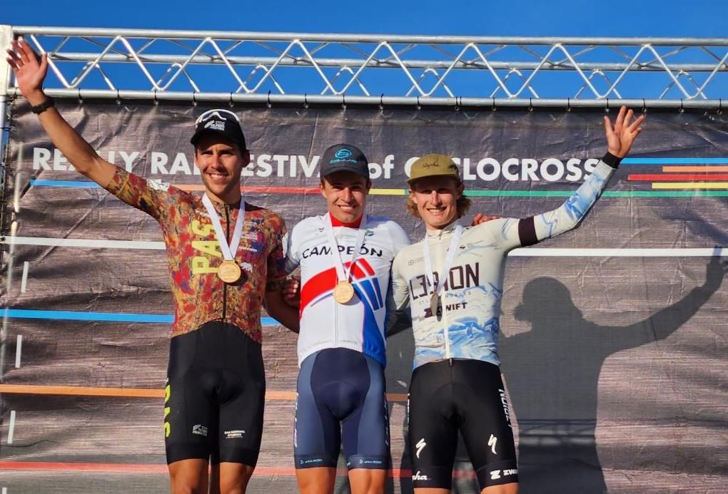 Elite men&#039;s podium at 2022 Pan Am Cyclocross Championships (L to R): Curtis White in second, winner Eric Brunner, Lance Haidet in third