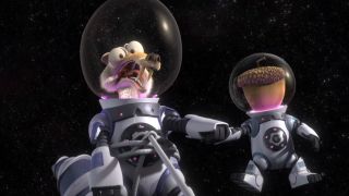 Scrat screamings in his space suit while holding onto the Acorn's space suit in Ice Age: Collision Course.