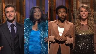 From left to right: Justin Timberlake, Lizzo, Donald Glover and Taylor Swift during their respective SNL monologues. 