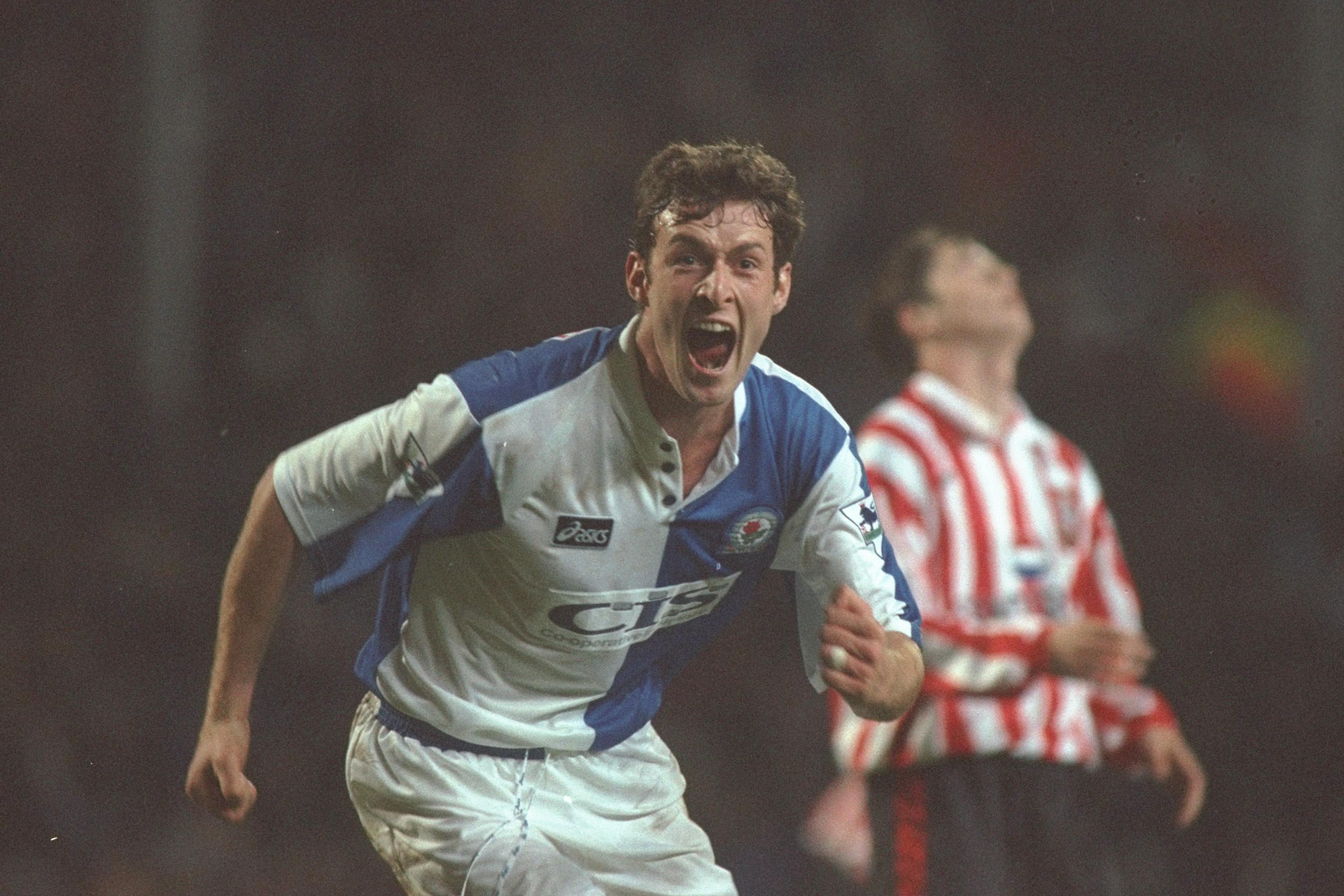 Chris Sutton celebrates a goal for Blackburn Rovers against Southampton in November 1996.