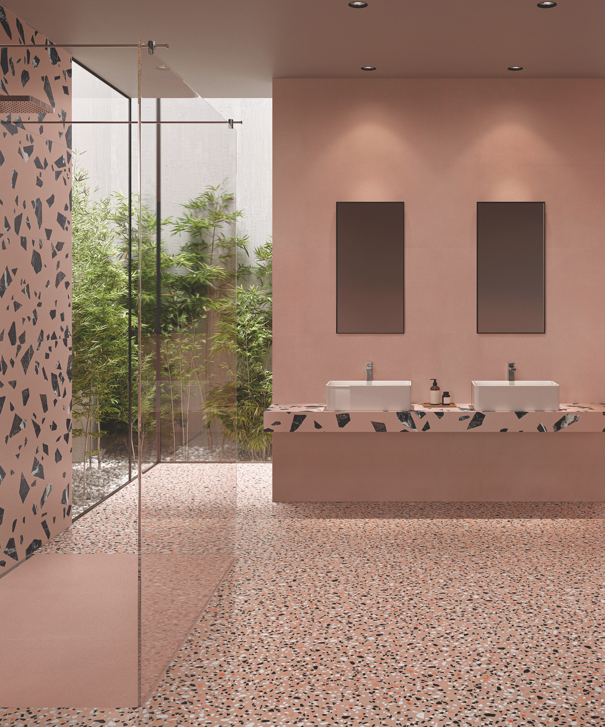 pink bathroom with terrazzo countertop, wall and floor