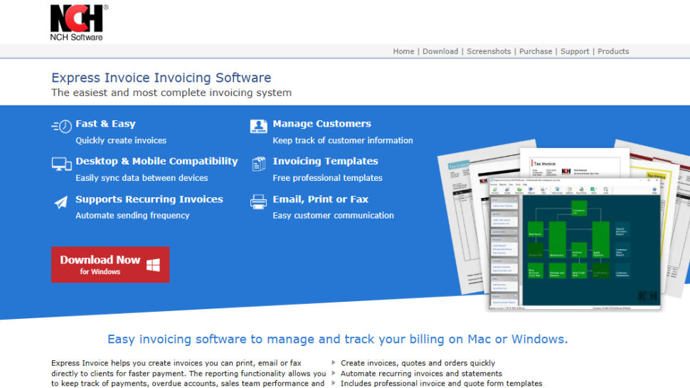 NCH Express Invoice website screenshot (February 2026)