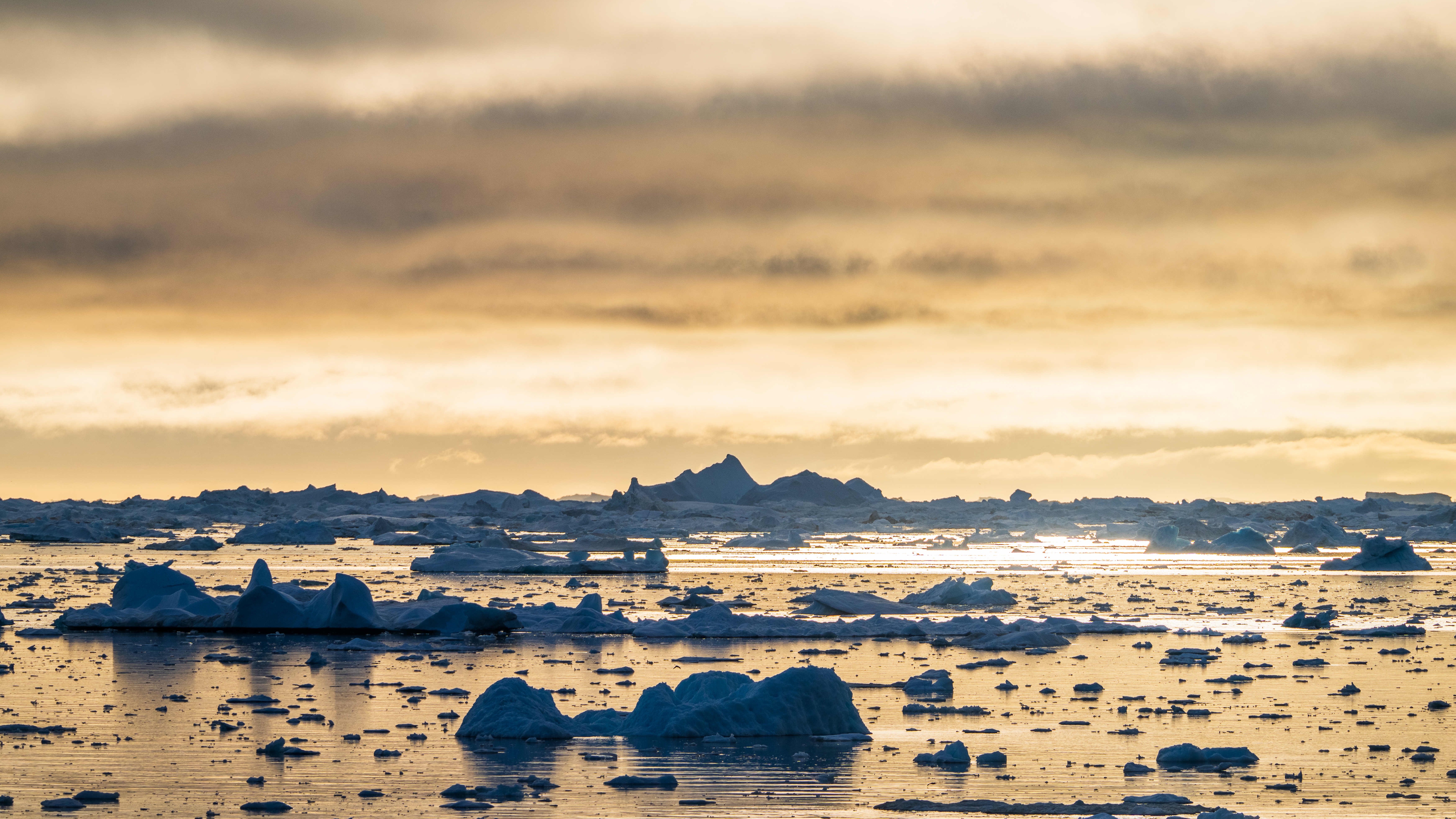 Fiordul de gheață Ilulissat din Groenlanda pe 3 iulie 2024. Ghețarul făză zilnic suficientă gheață pentru a satisface nevoile de apă ale orașului New York pentru un an întreg.