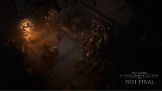 Player character in a hazy dimly lit tavern in Diablo 4