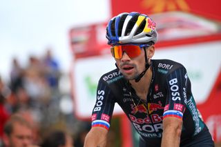 PUERTO DE ANCARES SPAIN AUGUST 30 Primoz Roglic of Slovenia and Team Red Bull Bora hansgrohe crosses the finish line during the La Vuelta 79th Tour of Spain 2024 Stage 13 a 176km stage from Lugo to Puerto de Ancares 1659m UCIWT on August 30 2024 in Puerto de Ancares Spain Photo by Tim de WaeleGetty Images