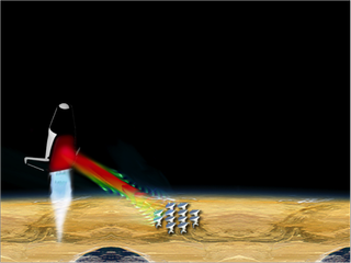 A conceptual microwave-propelled lightcraft receives microwave beams from an array of microwave sources on the ground.