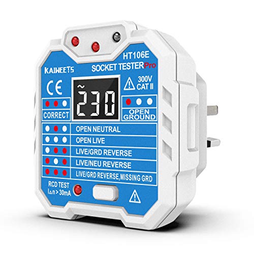 Kaiweets Ht106e Socket Tester Uk, Rcd Plug Socket Tester Electrical Voltage Tester With Lcd Display for Neutral/live/earthwire/rcd Testing, Cat Ii 300v, Includes 7 Visual Indications and Wiring Legend