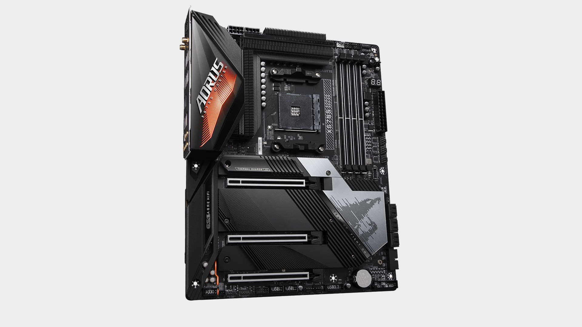 Gigabyte X570S Aorus Master AMD motherboard three quarter angle on a gray background. view on grey