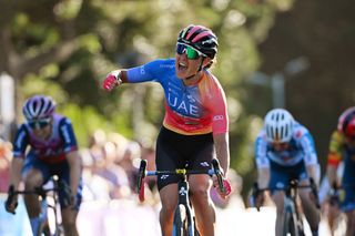 GEELONG AUSTRALIA JANUARY 24 EDITORS NOTE Alternate crop Sofia Bertizzolo of Italy and UAE Team Adq celebrates at finish line as race winner during the 1st Geelong Classic 2024 Womens Elite a 50km one day race on January 24 2024 in Geelong Australia Photo by Tim de WaeleGetty Images