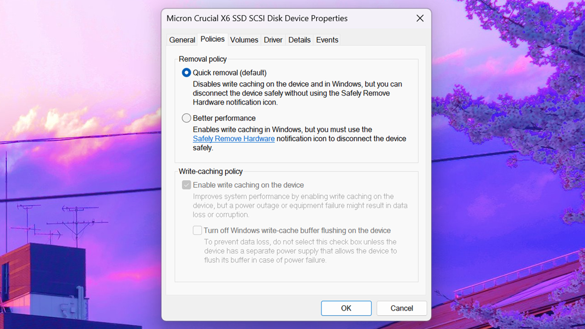 Windows write caching options within properties window for an SSD