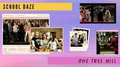 A compilation of stills from One Tree Hill on nostalgic polaroid, camera film and PC video player templates on a purple and pink background