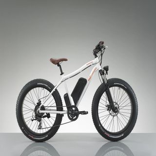 A white electric mountain bike by Rad Power Bikes