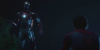 Tom Holland with remote controlled Iron Man armor in Spider-Man: Homecoming