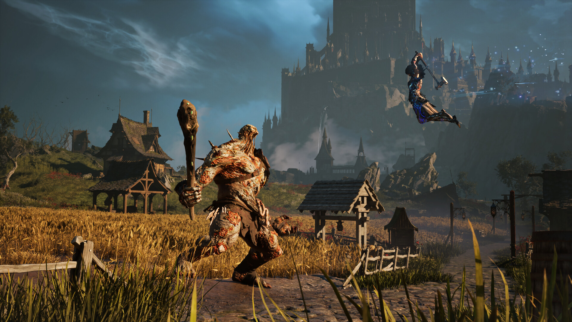 A muscular, monstrous creature holding a wooden club faces a warrior leaping through the air toward a large, dark castle in a rural landscape.