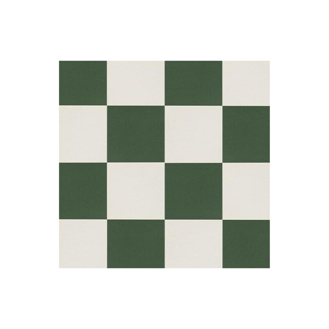 A kitchen with white and green checkboard flooring