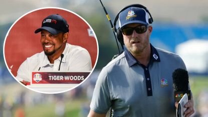 Main image of John Wood working for NBC Sports at a golf tournament - inset photo of Tiger Woods at a Ryder Cup press conference