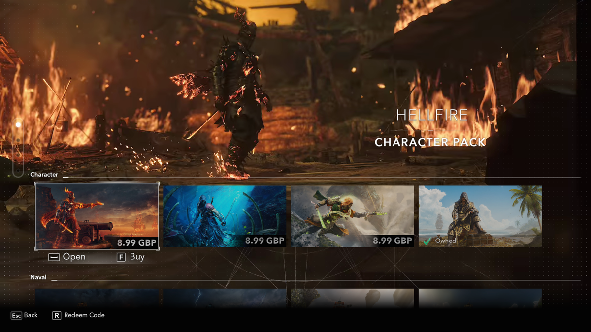 A screenshot of the premium store in Assassin's Creed Black Flag Resynced, showing the Hellfire bundle and other items.