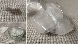 Collage of images showing a wax spill on a carpet with ice cubes in a freezer bag to show how to get wax out of a carpet