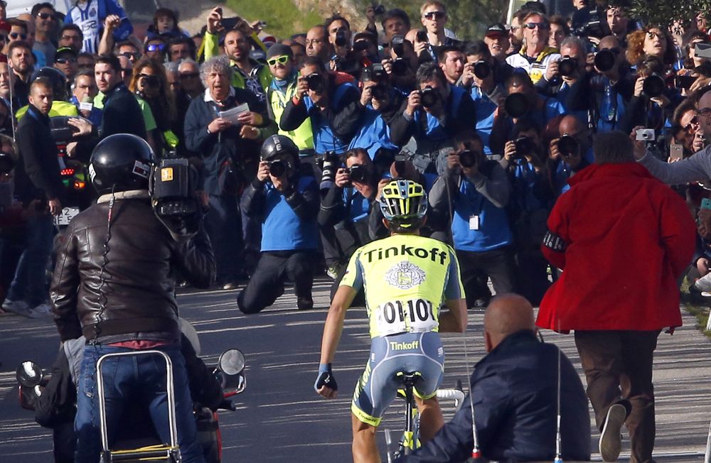 Alberto Contador nears the finish on his way to winning Algarve's final stage.