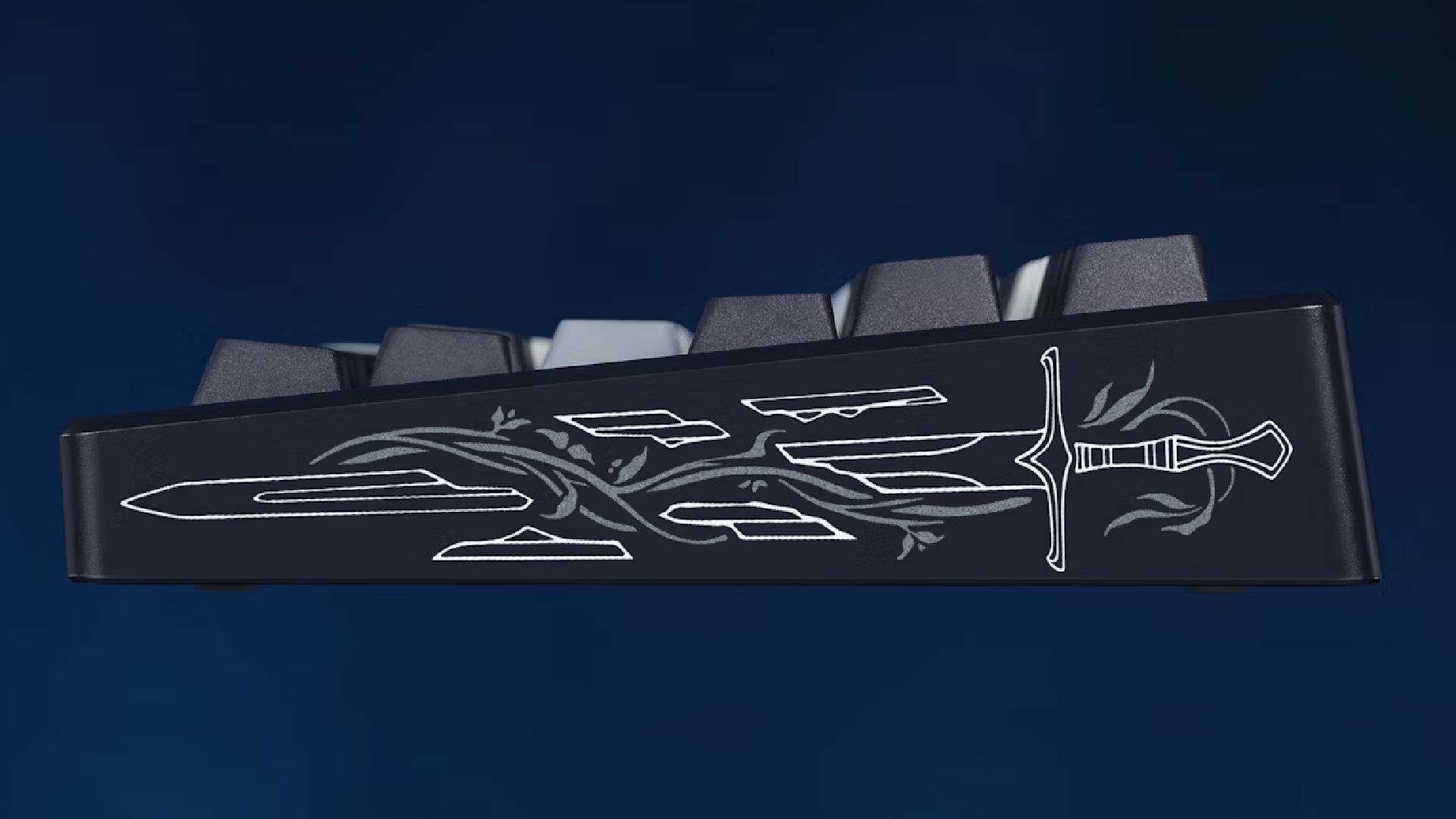 A side view of the Drop + Lord of the Rings Gondor CSTM80 keyboard showing a graphic of a broken sword.