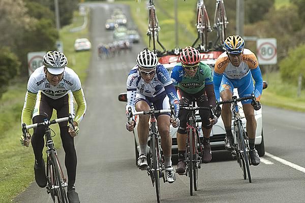 (l-r): Matt Wilson (Australian National Road Team), David Pell (Savings and Loans), Jonathan Cantwell (Fly V Australia), Svein Tuft (Garmin/Slipstream) broke clear of the lead bunch in the final 15 kilometres of the stage.