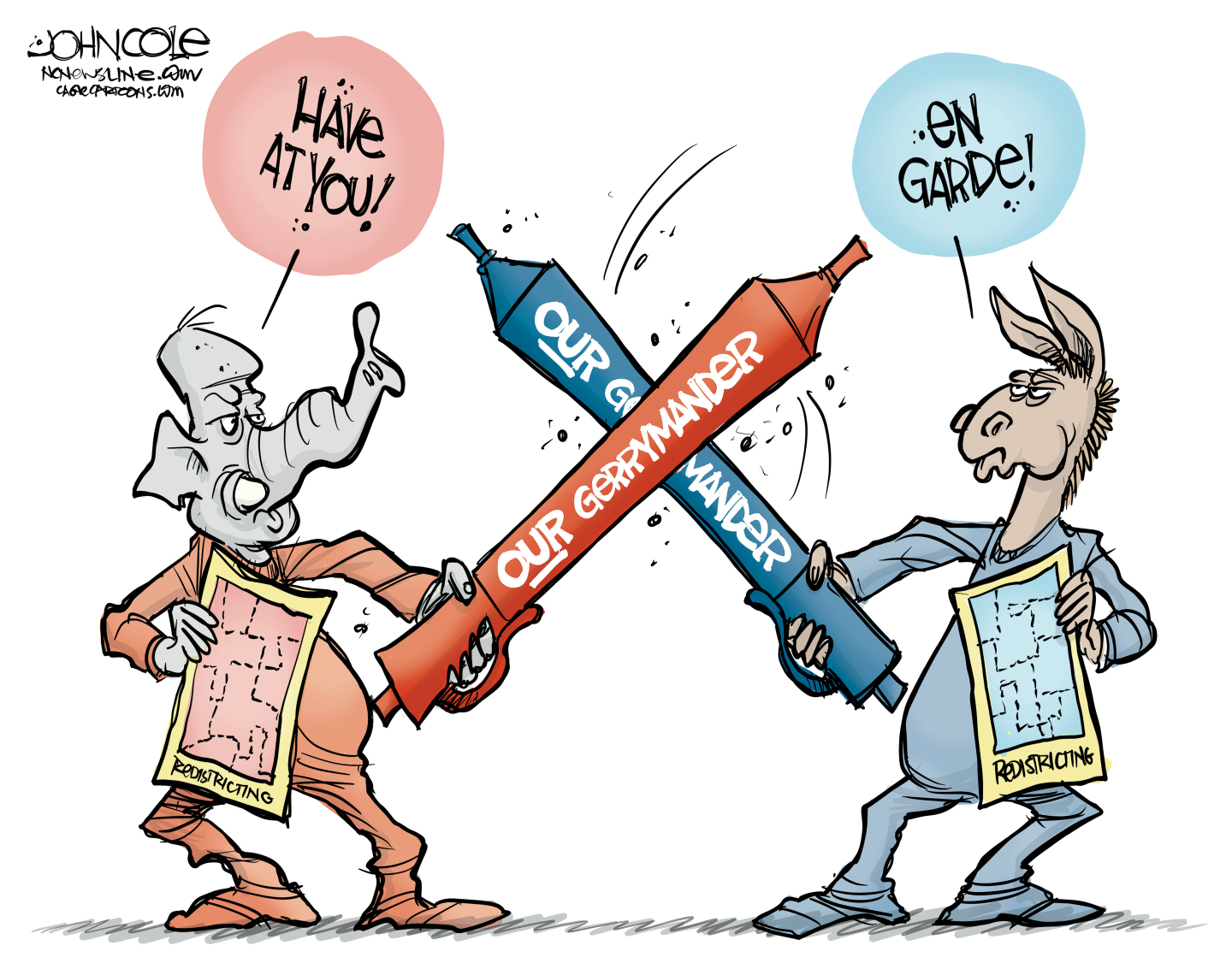 This political cartoon depicts an elephant on the left and a donkey on the right fencing with large pens labeled &amp;ldquo;Our Gerrymander.&amp;rdquo; The elephant says, &amp;ldquo;Have at you!&amp;rdquo; and the donkey responds, &amp;ldquo;En garde!&amp;rdquo; Both animals also hold redistricting maps.
