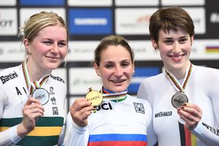 Gold medalist Germany's Kristina Vogel, Silver medalist Australia's Stephanie Morton and Bronze medalis Germany's Pauline Sophie Grabosch pose on the podium after taking part in the women's sprint final during the UCI Track Cycling World Championships